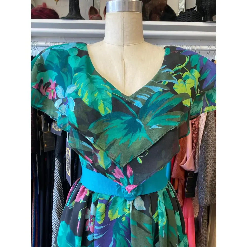 vintage 1980s black floral fit and flare dress, shawl flutter sleeves full skirt - Picture 4 of 10